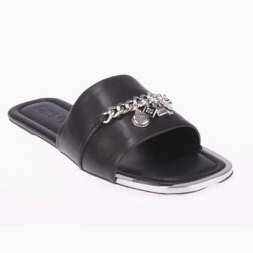 DKNY Women's Black Leather Holden Charms Flat Sandals Size 8 - Picture 2 of 8
